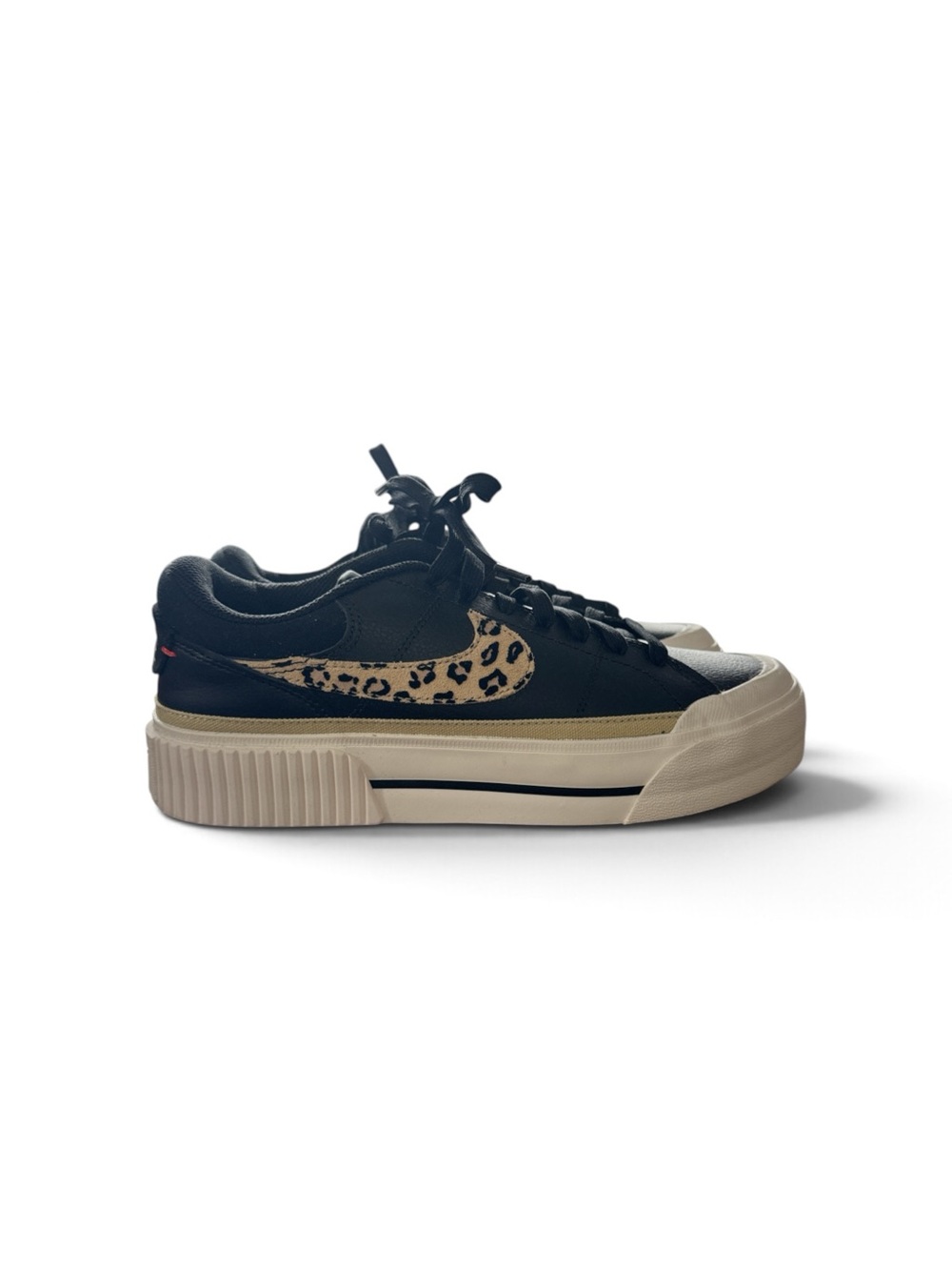 Nike Womens Black Sneakers with Leopard-Print Swoosh and Cream Sole